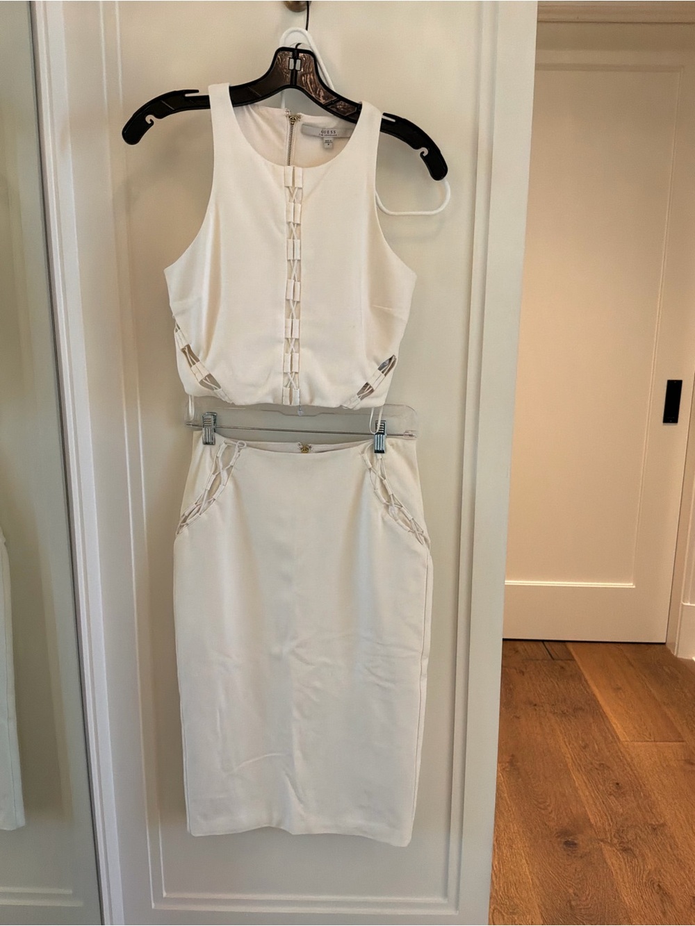 Guess Ivory Lace-Up Crop Top and Midi Pencil Skirt Two-Piece Set size M